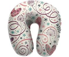 Marlon Kitty Almohada de Viaje en Forma de U Almohada de Viaje Espuma de Memoria para Adultos Patrón romántico de Viaje con Corazones Flores y Serpentina