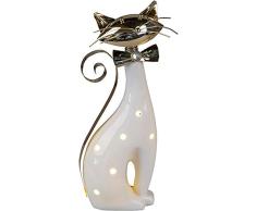 Lifestyle & More Escultura Moderna Figura Decorativa Gato Sentado Incluyendo iluminación LED Hecha de cerámica/Metal Blanco/Oro Altura 30 cm * 1 Pieza *