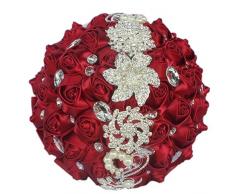 Fouriding Ramo de Novia Boda Flores Ramos Flores Rosas de Seda Cristal Dama de Honor Nupcial con Flores Artificiales Huso Strass (Rojo Vino)