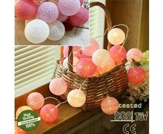 Cadena de Luces para Algodón Bola，Morbuy Decoración LED Blanco Cálido Guirnalda Luminosa Pilas 6cm Bola Hada Noche 20 Luz para Las Fiestas Jardines Casas Bodas (3.3M / 20 Luces, Sueño Color Rosa)