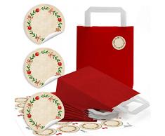 96 rojos Bolsa de papel Bolsa de Regalo con asa suelo 18 x 8 x 22 cm + 96 Pegatinas redondas 4 cm corona de Adviento rojo verde se puede escribir regalo del paquete weihnachtlich bio en blanco
