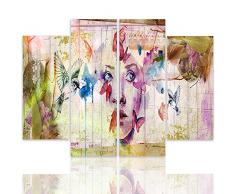 Feeby Frames, Cuadro de pared - 4 partes - Cuadro decorativo, Cuadro impreso, Cuadro Deco Panel, Tipo B, 120x100 cm, MODERNO, ACUARELA, MADERA, MUJERES, PÁJAROS, FLORES, MULTICOLOR