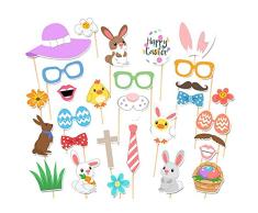 Drawihi 29Pcs DIY Photo Booth Atrezzo Favorecer Incluyendo Bigotes Gafas Pelo Sombreros Labios Conejos Hierba Huevos De Pascua La Flor para Pascua Fiestas Infantiles Cesta Primavera Fiesta