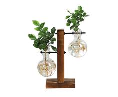 Hidropónico Planta Jarrón Vintage Bombilla Jarrón con Madera Soporte y Metal Giratorio Barra Escritorio Transparente Cristal Tiesto para Decoración Del Hogar