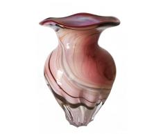 Jarron redondo de vidrio colorato, decorativo florero de cristal soplado a boca en colour rosa, beige, blanco de marmol con ranulas opticas con el borde curvado, altura aprox. 15 cm, disenado y fabricado por Oberstdorfer Glashütte