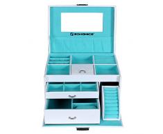 SONGMICS Caja Joyero, Organizador para Anillos, Pendientes y Bisutería, con Espejo y 2 Cajones, PU, 26 x 19 x 18 cm, Blanco JBC211W