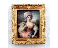 Accesorio Miniatura Casa De Muñecas Mujer en rosa Cuadro cuadro Marco Dorado