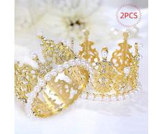 SACALA 2 piezas pequeñas de corona dorada decoración para tartas de boda, corona de perlas vintage King/Princesa para decoración de fiesta de cumpleaños