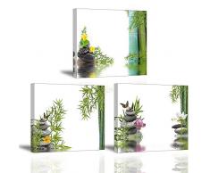 Piy Painting Cuadro sobre Lienzo, 3X Imagen Flor de Loto e Bamboo Impresión Tratamiento de SPA de Zen Pinturas Murales Decor Dibujo con Marco para Sala 30x30cm