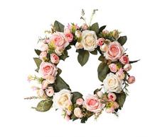 Forart 18 pulgadas Rose Flower Wreath - Corona de puerta de flores con hojas verdes Corona de primavera
