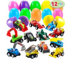 JOYIN 12 Pcs Huevos de Pascua Juguete Rellenos de Mini Juguetes Coches Camión Vehículo de Construcción Carrier Truck para Niños