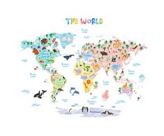 DECOWALL DLT-1615 Mapamundi Animales Vinilo Pegatinas Decorativas Adhesiva Pared Dormitorio Salón Guardería Habitación Infantiles Niños Bebés (Extra Grandede) (English Ver.)