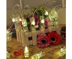 Cadena de luces LED - Chrasy 20 Photo Clips Batería Powered Parpadea luces, Fiesta de bodas Inicio de Navidad & decoración de la pared Luces para colgar fotos, tarjetas, ilustraciones (6.5Ft, blanco caliente)