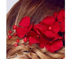 YAZILIND Delicada Boda Tocado Nupcial Cabello Pins Flores Rojo Perla Accesorios de Pelo para Mujeres y niñas