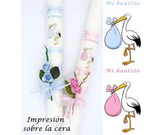 Velas PINSART Vela de Bautizo cigüeña Posibilidad DE Personalizar Medida 40x3 cml (PERSONALIZACIÓN Azul)