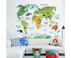 Zooarts Adhesivo de pared de habitación infantil, diseño de mapamundi con animales