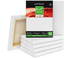 ARTEZA Lienzos blancos estirados e imprimados | 12,7x17,8 cm | Pack de 12 | 100% algodón | Lienzos de pintura acrílica, óleo y medios húmedos | Para artistas profesionales, aficionados y principiantes