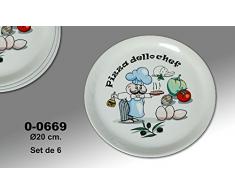 DonRegaloWeb - Set de 6 platos de cerámica para pizzas decorados con un pizzero e ingredientes en color blanco y otros colores