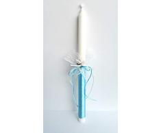Vela bautizo niño de cera blanca, vela primera comunion,decorada con lazo color azul y flor 35 cm.
