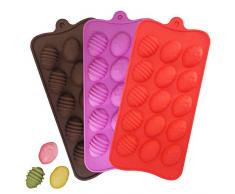 YuCool - Moldes de silicona para huevos de Pascua para chocolate, 3 unidades, con 15 cavidades para caramelos de chocolate, cubitos de hielo, color rojo, rosa, chocolate
