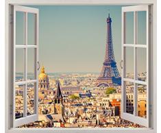 Pegatinas 3D Vinilo Ventana Varias Medidas 150x130cm | Adhesivo Incluido | Decoracion Habitación |Paris, Torre Eiffel Vista panoramica Diseño Elegante |