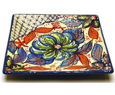 PLATO CUADRADO 20X20 en ceramica hecho y pintado a mano con decoración flor. 20 cm x 20 cm (FLOR MARINA AZUL)
