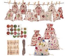 INTVN Calendario de Adviento, Set de 24 Bolsas de Yute para Rellenar con Calendario de Adviento Casero, Bolsa de Regalo Navidad Decoración Navideña para el Hogar(24 PCS)