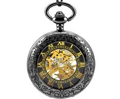 Stayoung Steampunk Antiguo Negro Números Romanos Cuerda Manual Reloj de Bolsillo Mecánico Colgante Cadena Lupa Caballero Negro