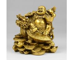 Chino latón feliz Laughing Buddha Maitreya Ride riqueza dragón tortuga estatua
