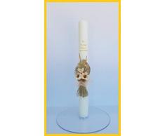 FIESTADEKOR Vela (CIRIO) para Bautizo DE Cera Blanca. Medida 3x30 CM Decorada con Pick Floral RÚSTICO Y Cinta ARPILLERA. (30 CM Personalizada)