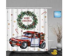 BCVHGD Cortina de Baño,Feliz Navidad Año Nuevo Festival Navidad Santa en Coche y Feliz Navidad Dentro de Corona de Adviento,Cortinas de Ducha con 12 Ganchos de plástico 180 * 180cm