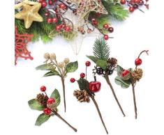 Sureh - 20 mini palillos de pino artificial con diseño de bayas rojas y hojas verdes para decoración de árbol de Navidad, corona de flores, manualidades, tarjetas de felicitación, flores