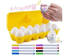 PREXTEX 12 Juguete de percusión Musical Maracas Egg Shakers - 12 Huevos de Pascua de plástico Blanco en cartón con 8 marcadores de Color - Gran Juguete de Aprendizaje de Ritmo para niños