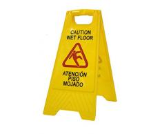Señal aviso"Atención suelo mojado - Caution wet floor". En español e inglés. Alta visibilidad para evitar accidentes