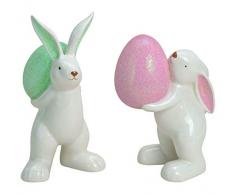 MaRab Figura Decorativa de Conejo con Huevo de Pascua, cerámica, 2 Capas, Aprox. 10 x 20 x 11 cm, 10 x 17 x 11 cm, Ideal como Regalo y decoración de Mesa.