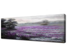 Cuadros en lienzo paisaje con flores lilas panorámicos alargados -Pintura actual pintada a mano con pinturas al oleo - Arte para decoración