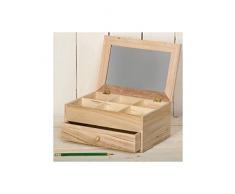Artemio - Joyero (madera sin tratar, 25 x 17,5 x 11,5 cm, 6 compartimentos, 1 cajón, espejo en tapa)