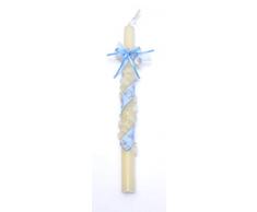 Vela de bautizo-Ositos-30x2 cm - medidas 30X2 cm- decorada con un pinzado en flor y una cinta en espiral, un lazo con un chupete rosa o azul y dos perlas blancas,la cinta contiene dibujos de ositos, chupetes y biberones,color rosa o azul. (azul)