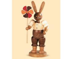 Conejo de Pascua señor conejo con molinete, 11 cm. de alto, natural, original de los Montes Metálicos (Erzgebirge) hecho por la empresa Müller del pueblo de Seiffen