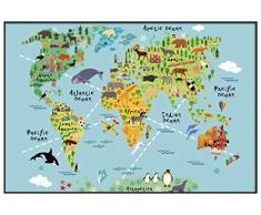 Panorama® Lienzo Infantil para habitación Mapa Mundi Niños Animales 100x70cm - Impreso en Lienzo con Bastidor - Cuadros Infantiles - Cuadros para habitación bebés y niños - Decoración habitación bebé