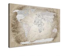 LanaKK® - mapamundi beige con corcho - versión Inglés, reproducción artística sobre lienzo premium en bastidor, tablón de notas para los trojoamundos, tamaño con bastidor tensado 60 x 40 cm, en una seccione