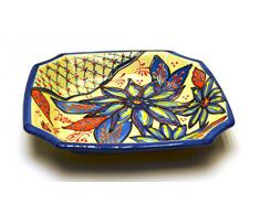 PLATO OCTOGONAL Nº1 en ceramica hecho y pintado a mano con decoración flor. 20 cm x 20 cm (FLOR MARINA AZUL)