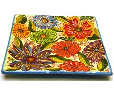 PLATO CUADRADO 25X25 en ceramica hecho y pintado a mano con decoración flor. 25 cm x 25 cm (AZUL CELESTE)
