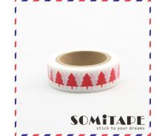 Rojo árbol de Navidad blanco cinta adhesiva con estampado, Craft cinta decorativa