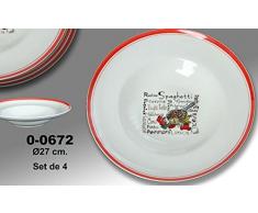 Supernova Decoracion-Set 4 platos para pasta decorados con dibujos de colores y filo color rojo . Medidas 27 cm