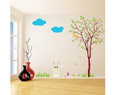 (90 x 77 cm) Vinilo de pared infantil y calcomanías para tartas con diseño de conejo con árbol/Art Home bebé conejo de peluche, diseño de pájaros de Vinilo/patrones de costura para la habitación de los niños de tela Decor