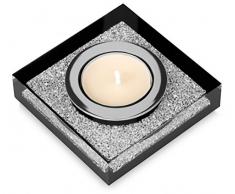 Elegante candelero para velas de té Lotus 1 con cristales de ELEMENTOS SWAROVSKI - Brillante decoración para mesas (negro)