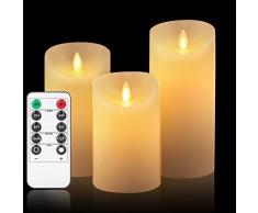 OSHINE - Velas sin Llama, Juego de 3 Pilares de Cera Real sin Goteo con LED de Baile Realistas y Control Remoto de 10 Teclas con Función Temporizador, Marfil