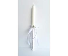 Vela bautizo unisex de cera blanca, vela primera comunion,decorada con lazo color blanco y flor 35 cm.