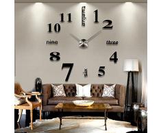 Reloj de pared diseño moderno DIY grande adhesivo decorativo 3d superficie de espejo de Vinilo Oficina en casa diseño de sala de estar decoración de pared arte hogar (negro)